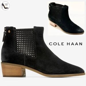 Cole Haan Val Black Suede Booties Pointed Toe Block Heel Women’s Ankle Boots 10